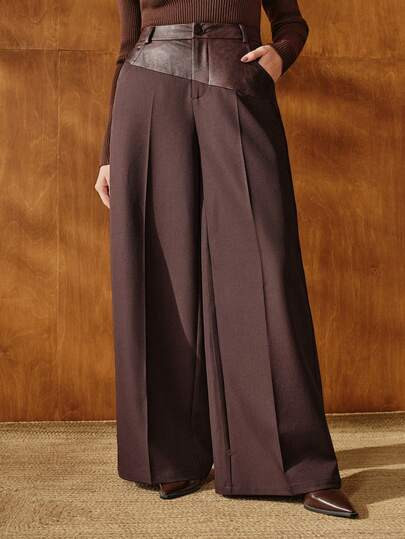 Anewsta Plus Size Women's Fashionable Leather Patchwork Wide Leg Pants, High-Waisted Slimming... | SHEIN