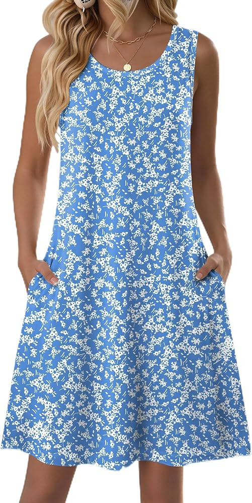 Zeagoo Summer Dresses for Women 2026 Sleeveless Casual Floral Tshirt Sundress with Pockets Loose ... | Amazon (US)