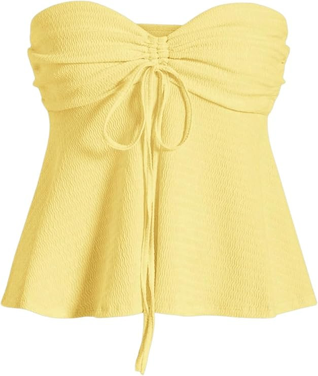 Milumia Women Tie Front Ruched Tube Top Strapless Flared Hem Peplum Bandeau Tops | Amazon (US)