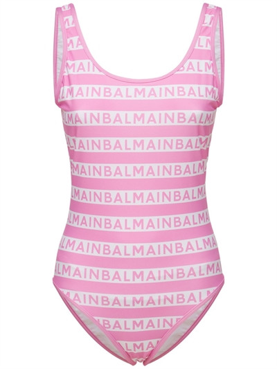 Balmain - All over logo one piece low-cut swimsuit - Pink/White | Luisaviaroma | Luisaviaroma