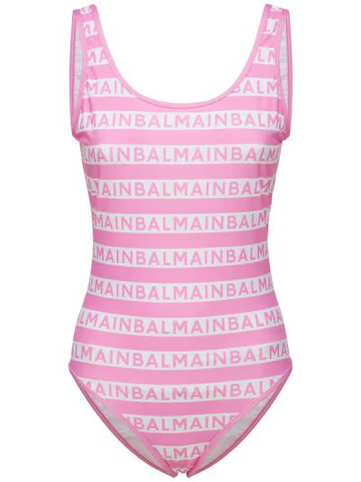 Balmain - All over logo one piece low-cut swimsuit - Pink/White | Luisaviaroma | Luisaviaroma