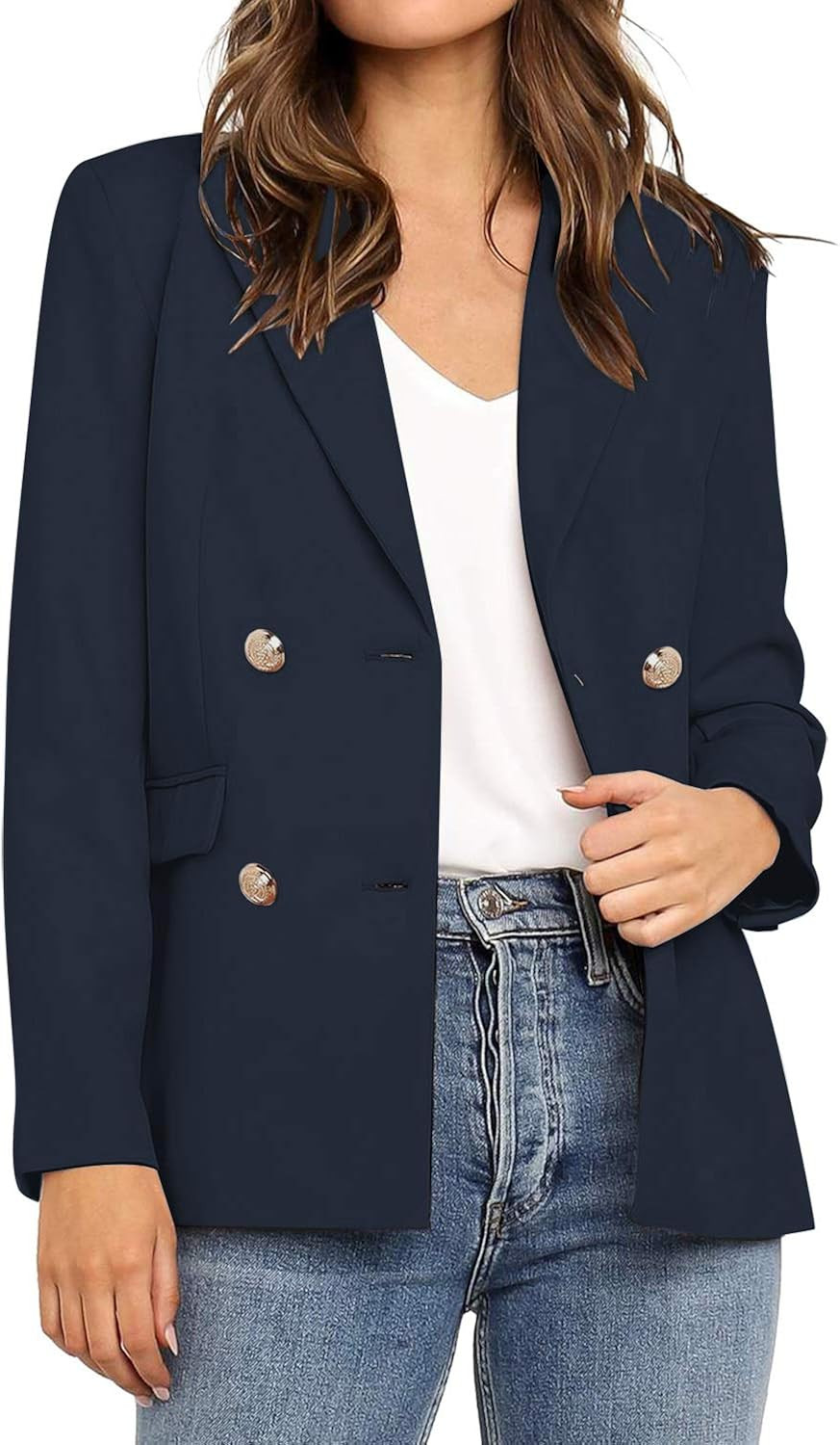 Vetinee Women's Lapel Pocket Blazer Suit Long Sleeve Buttons Work Office Jacket | Amazon (US)
