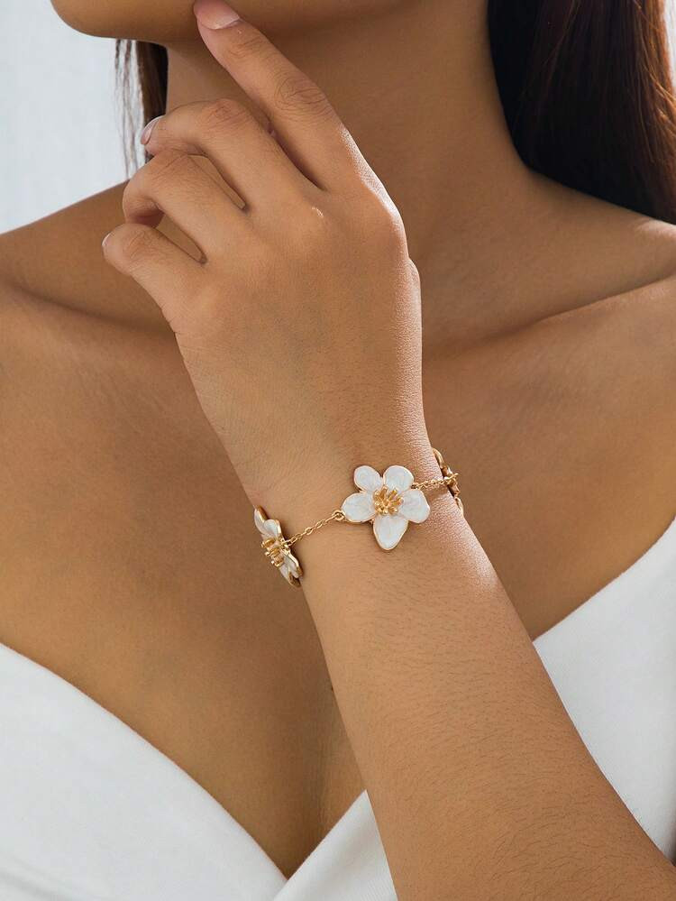 1pc Summer Holiday Elegant White Oil Dripping Floral Design Women Bracelet, Fashionable Jewelry Gift For Wedding/Travel/Festival Wear | SHEIN