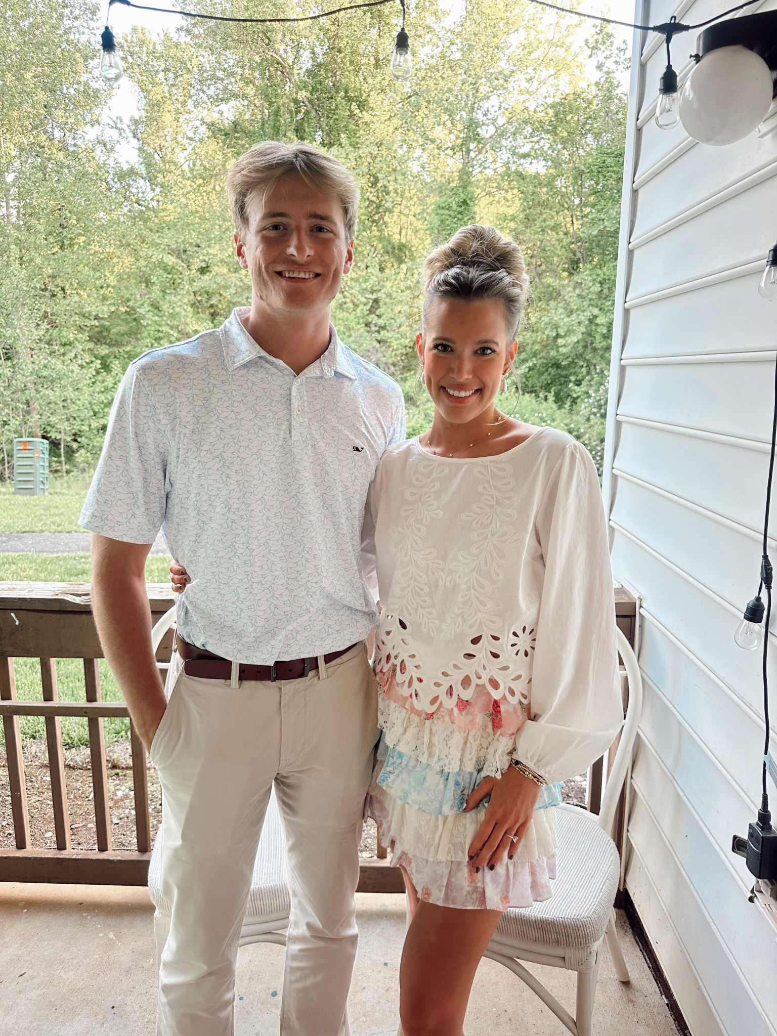Spring couple outfits, love shack fancy, ruffle skirt, gold shoes, white blouse, white longsleeve, pearl necklace, pearls, men’s polo, blue polo, tan pants

#LTKGiftGuide #LTKxMadewell #LTKSeasonal