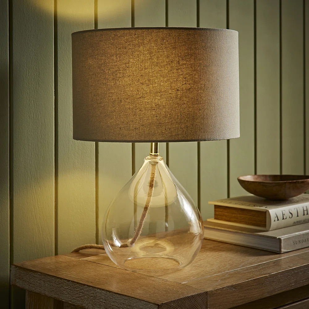 Eloise Natural Linen Drum Shade Clear Glass Teardrop Table Lamp with LED Bulb | Wayfair UK