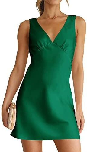 ZESICA Women's 2023 Summer Satin V Neck Sleeveless Backless Tie Waist Silky Cocktail Club Party M... | Amazon (US)