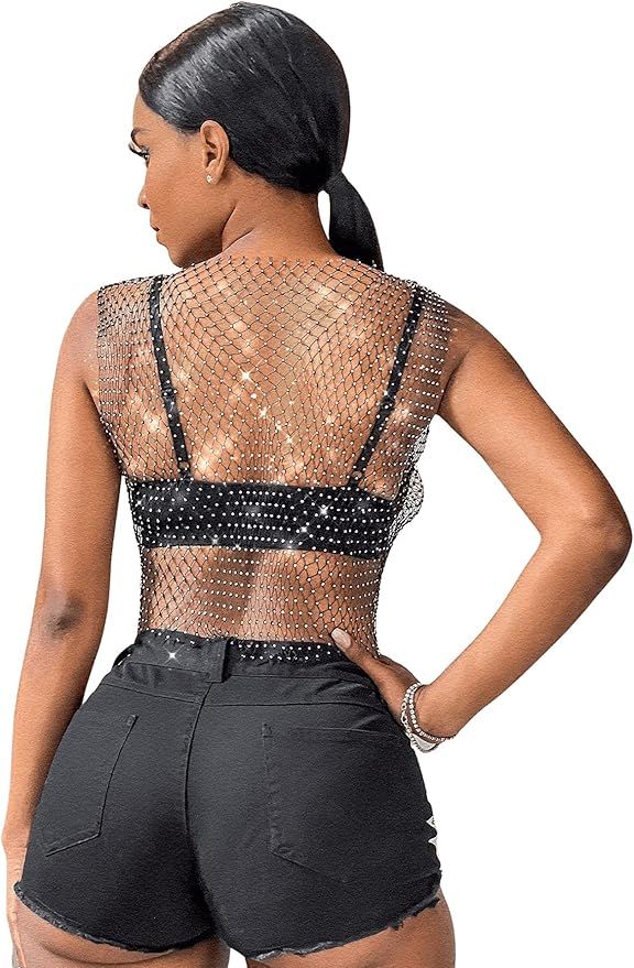 SweatyRocks Women's Sexy Rhinestone Mesh Tank Tops See Through Diamond Crop Top | Amazon (US)