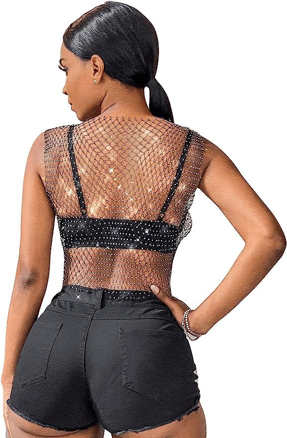 SweatyRocks Women's Sexy Rhinestone Mesh Tank Tops See Through Diamond Crop Top | Amazon (US)