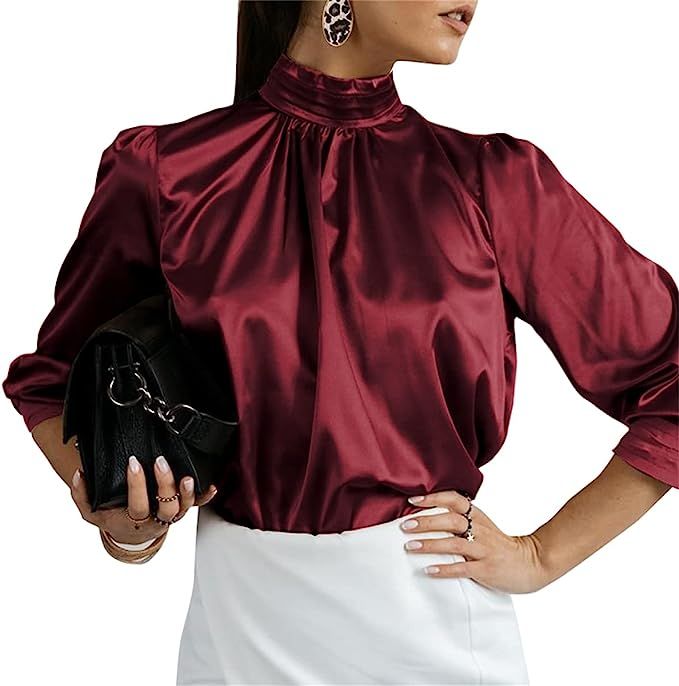 Celmia Womens Elegant Long Sleeve Satin Silk Blouse Pleated Stand Collar Work Tops Shirts | Amazon (US)