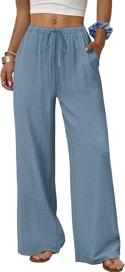 Sampeel Wide Leg Pants for Women Flowy Palazzo Drawstring Elastic Waist Trousers with Pockets Sum... | Amazon (US)