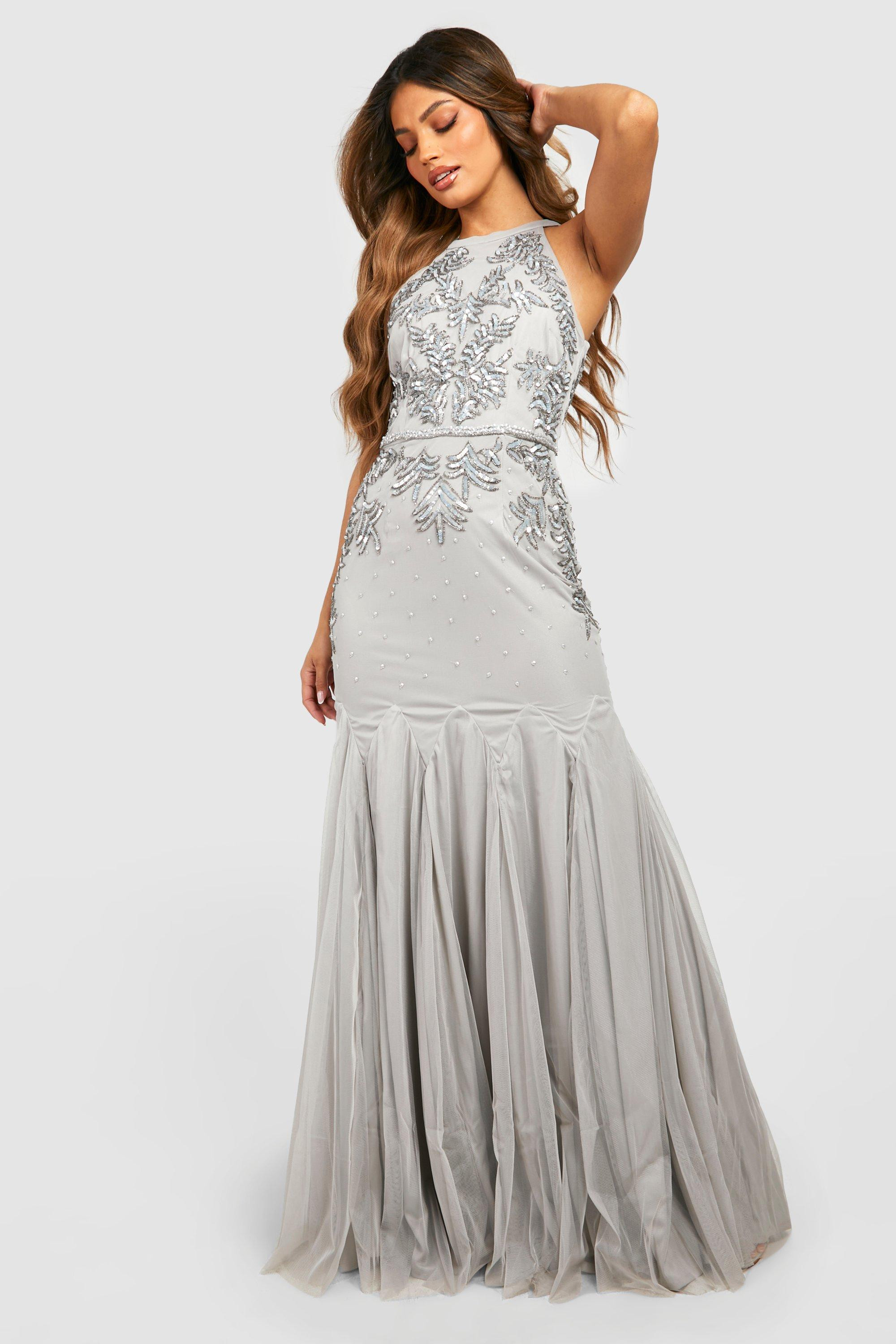 Womens Bridesmaid Hand Embellished Halter Maxi Dress - Grey - 16 | Boohoo.com (US & CA)