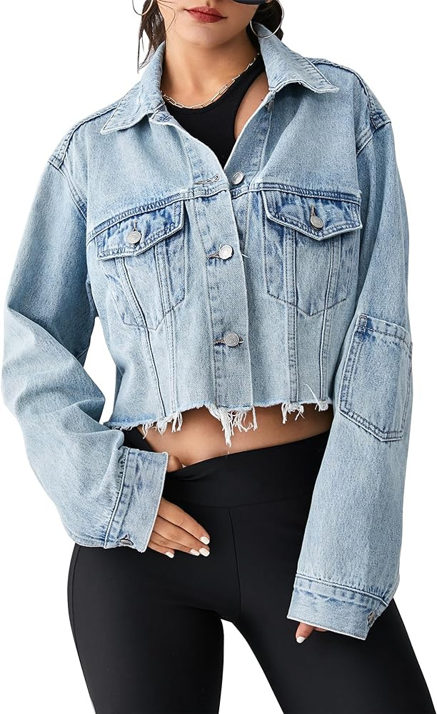 Women's Cropped Denim Jacket Button Down Long Sleeve Loose Oversized Jean Jacket Coats | Amazon (US)