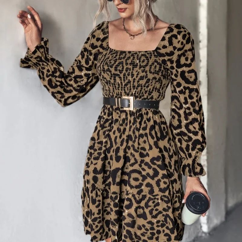 Anna-Kaci Square Neck Leopard Print Dress - Brown - L | Verishop