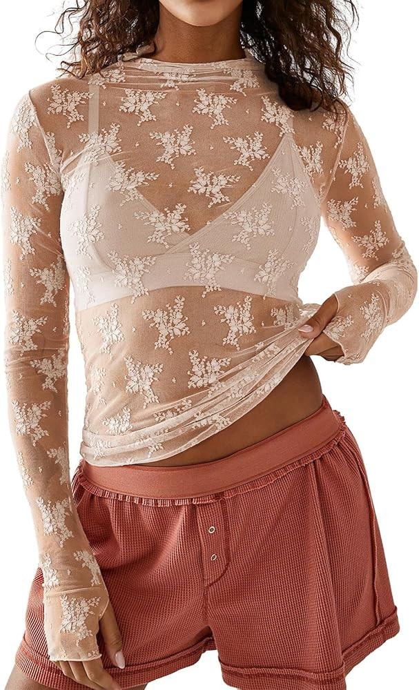 ROJZR Womens Mesh Long Sleeve Tops Mock Neck Sheer Lace Floral See Through Shirts Blouse | Amazon (US)