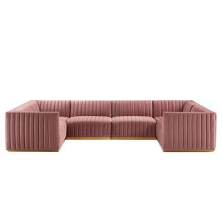 Modway Conjure Channel Tufted Performance Velvet 6-Piece U-Shaped Sectional in Gold Dusty Rose, Gold | The Home Depot