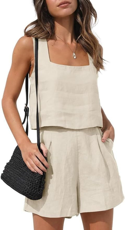 2024 Womens Linen Square Neck Crop Shirt and Shorts 2 Piece Sets Lounge Matching Sets Summer Casu... | Amazon (US)