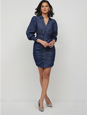 Ruched Button-Front Chambray Shirtdress - New York & Company | New York & Company
