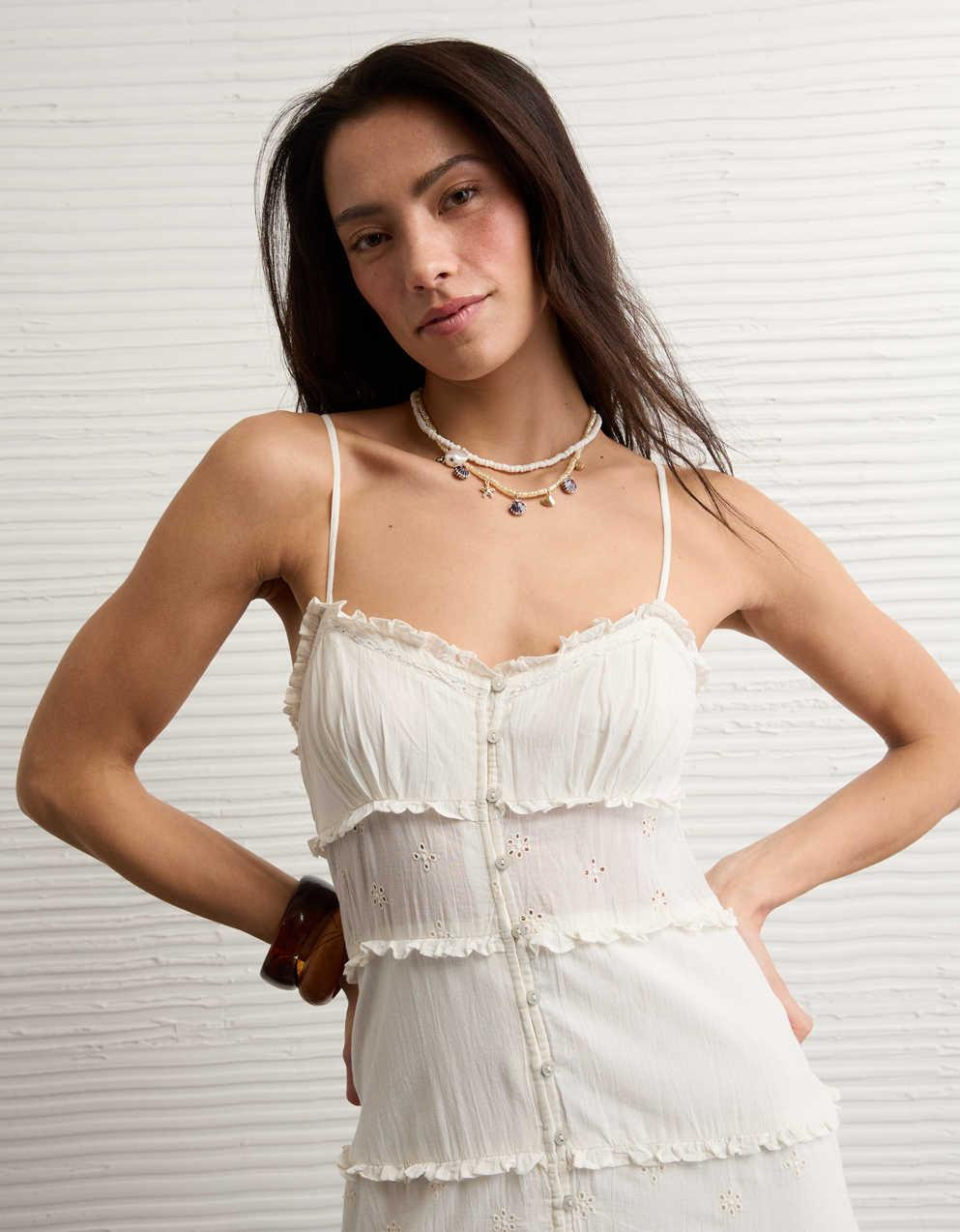 AE Button-Up Ruffle Midi Dress | American Eagle UK