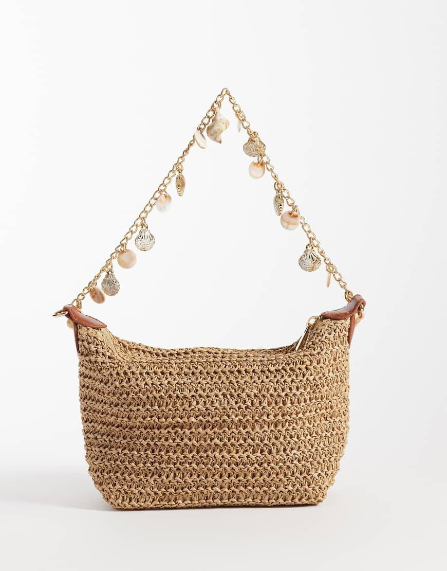 ASOS DESIGN straw crochet shoulder bag with shell charm strap in natural-Neutral | ASOS (Global)