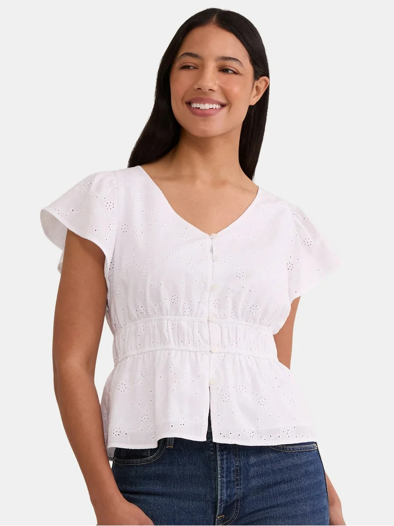 Time and Tru Women's Eyelet Peplum Top, Sizes XS-XXXL | Walmart (US)