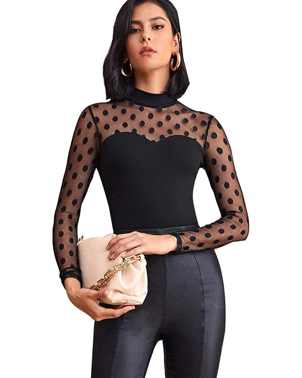 SOLY HUX Women's Sheer Mesh Polka Dots Long Sleeve Slim Fit Top Blouse | Amazon (US)