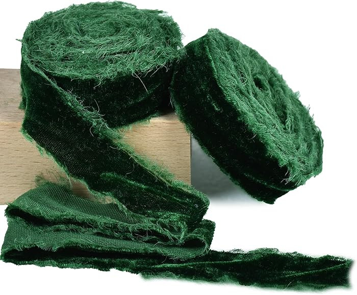 2 Rolls Christmas Green Velvet Ribbon 1 Inch Handmade Fringe Frayed Silk Velvet Ribbon Raw Edge S... | Amazon (US)