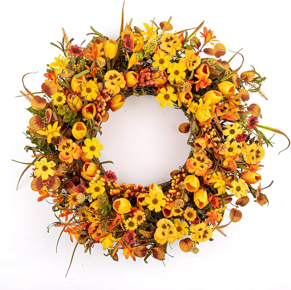 22 Inches Fall Wreaths for Front Door Rustic Autumn Wreath Farmhouse Fall Floral Wreaths with Tul... | Amazon (US)