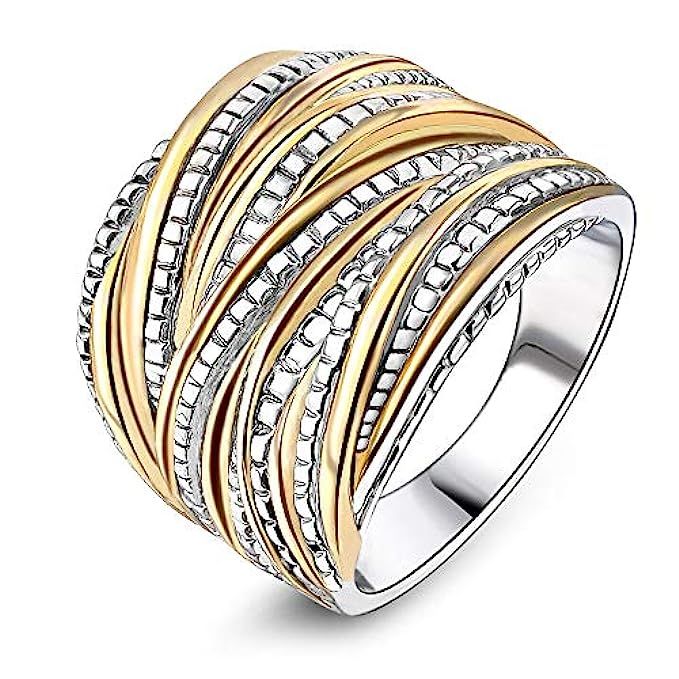 Mytys 2 Tone Intertwined Crossover Statement Ring Fashion Chunky Band Rings for Women Men Gold Silve | Amazon (US)