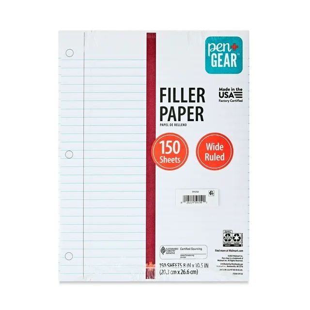 Pen+Gear Wide Ruled Filler Paper, 10.5" x 8", 150 Sheets (59150) | Walmart (US)