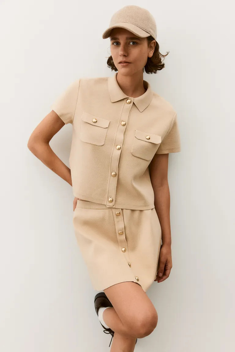 Short-Sleeved Cardigan - Short sleeve - Short - Beige - Ladies | H&M US | H&M (US + CA)