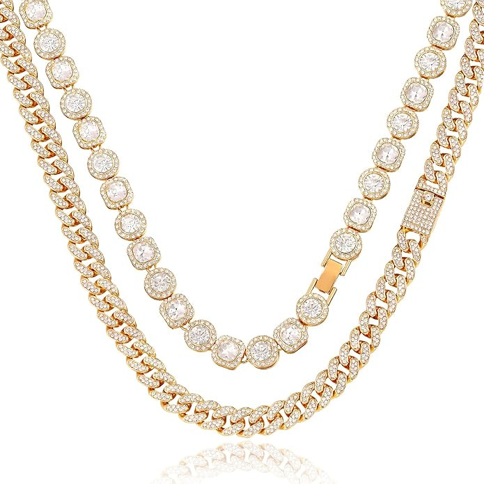 Women's 18+20'' Zinc Necklace, Clustered Diamond Tennis Chain & Heart Necklace Set, Hip Hop Jewel... | Amazon (US)