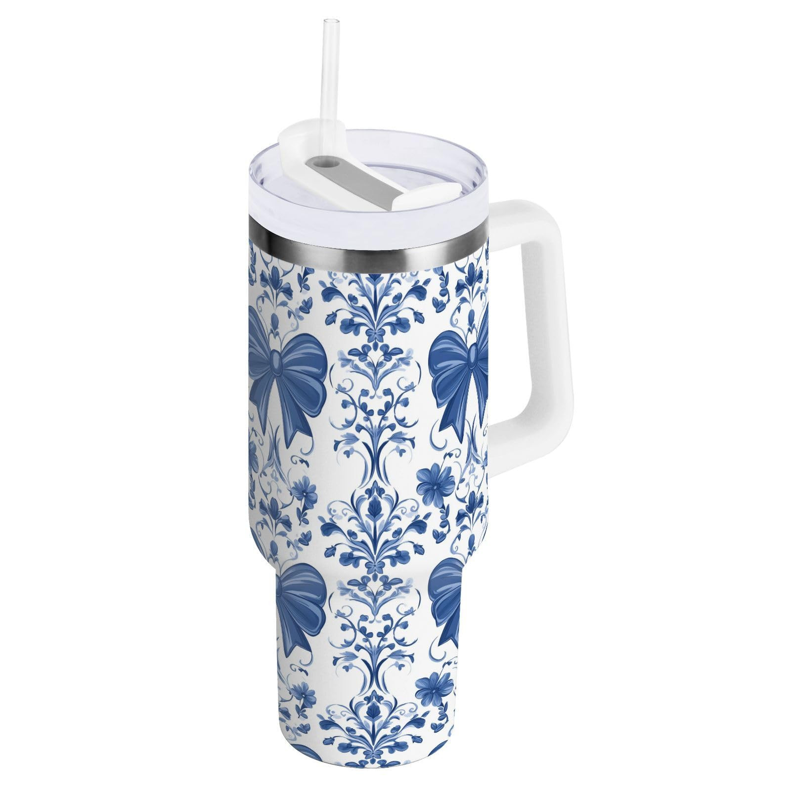 Blue Bow Flowers 40 oz Tumbler with Handle Straw Lid | Insulated Cup Reusable Stainless Steel Wat... | Amazon (US)