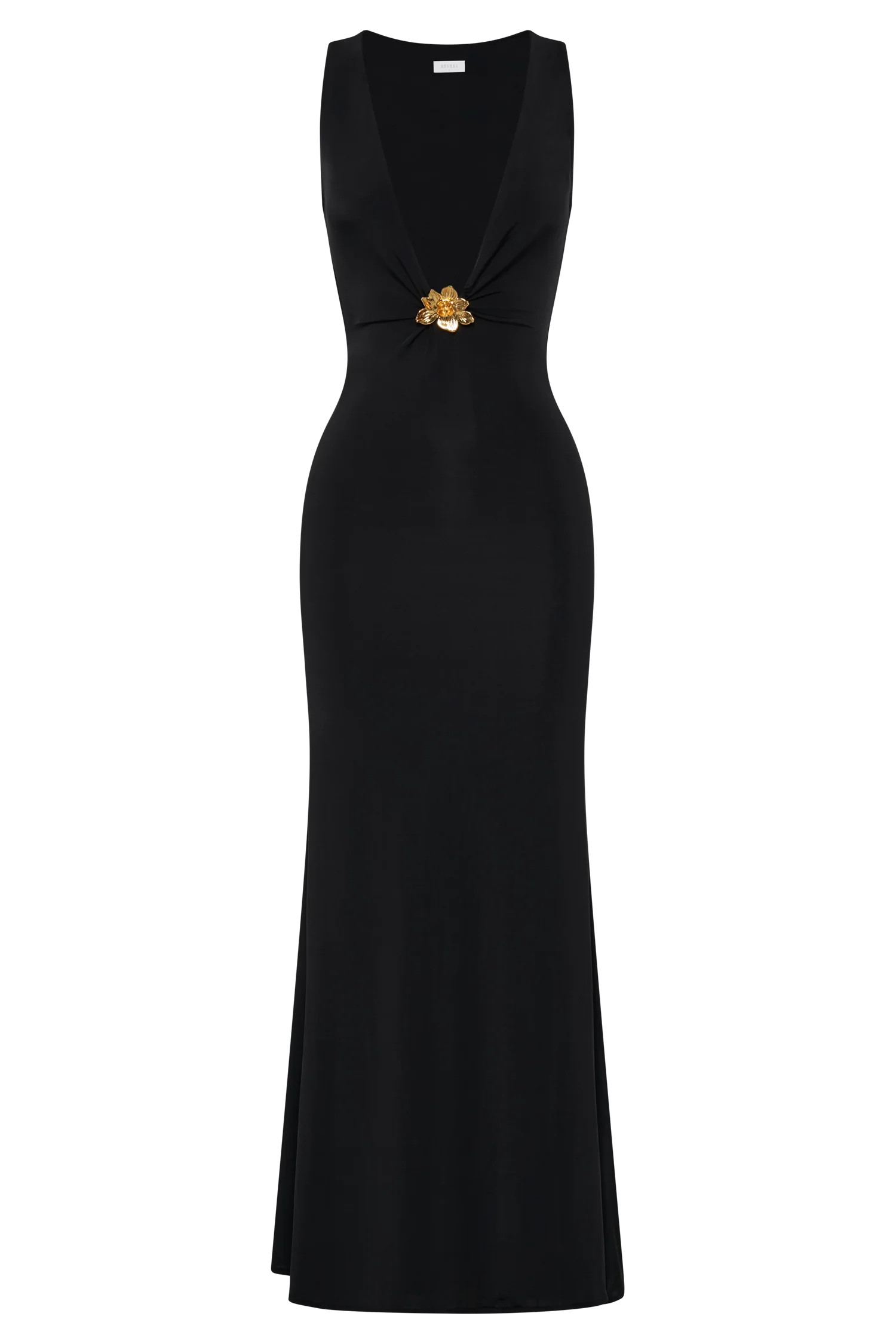 Beck Plunge Maxi Dress With Floral Hardware - Black | Meshki (APAC)
