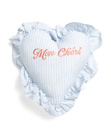 12x12 Mon Cheri Embroidered Striped Ruffle Heart Pillow | TJ Maxx
