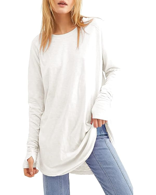 Fisoew Women's Casual Long Sleeve Tops Crew Neck Round Hem Loose T-Shirts Tunic Tops with Thumb H... | Amazon (US)