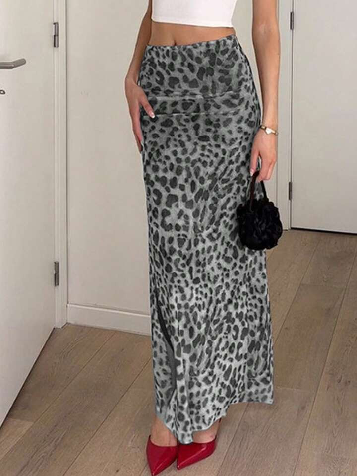 SHEIN Essnce Leopard Print Split Thigh Skirt | SHEIN