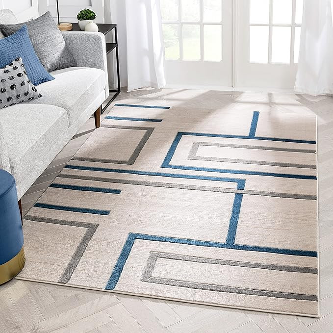 Well Woven Fiora Blue Modern Geometric Stripes & Boxes Pattern Area Rug 5x7 (5'3" x 7'3") | Amazon (US)