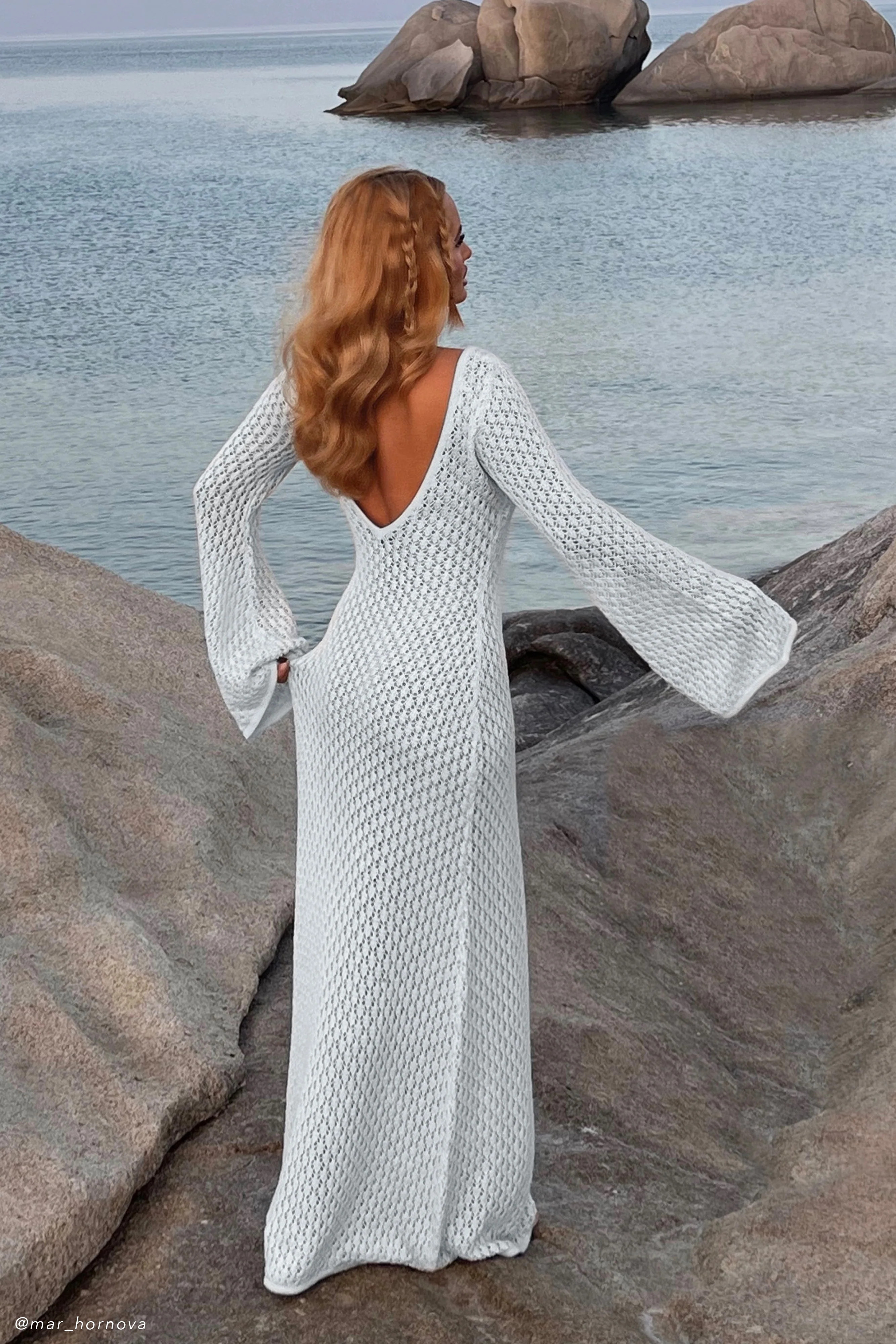 Kayleigh Crochet Fishtail Flare Sleeve Maxi Dress - Arctic Blue | MESHKI US