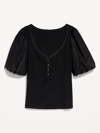 Puff-Sleeve Mixed Fabric Top | Old Navy (US)