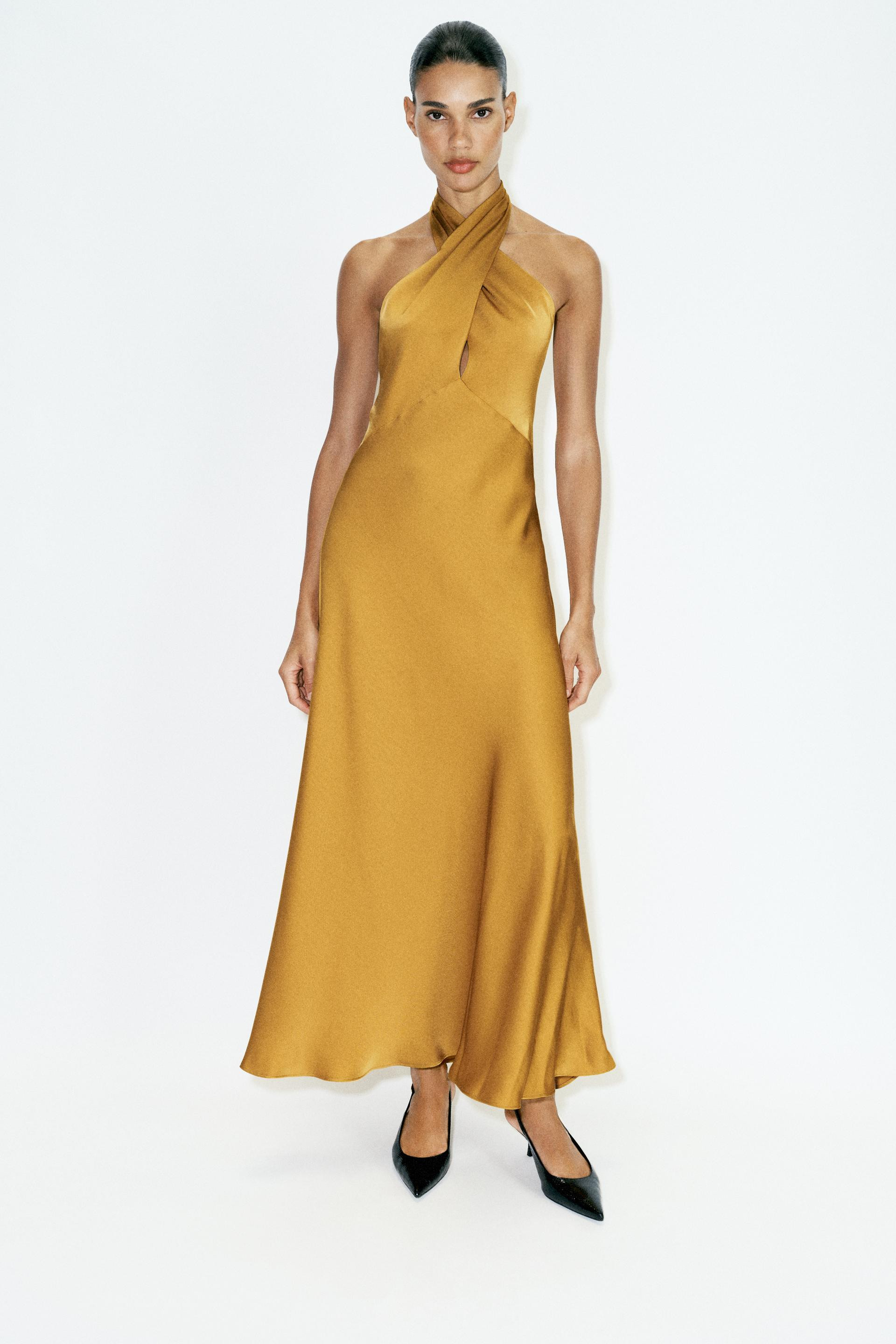 Zara - Satin Halter Midi Dress - Mustard - L - Woman | Zara US