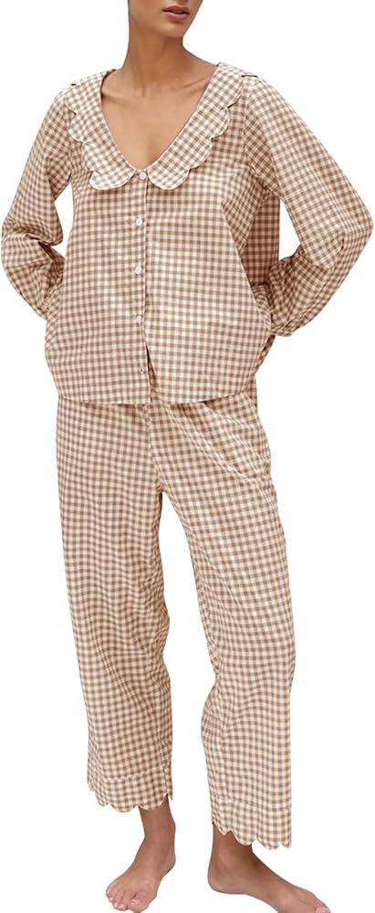 Kissonic Womens Gingham Pajama Set 2 Piece Scalloped Edge Plaid Babydoll Pjs Long Sleeve Cotton S... | Amazon (US)