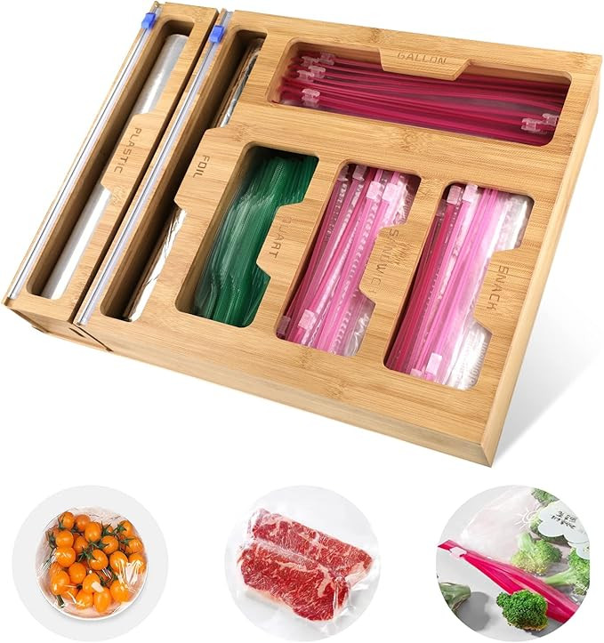 Knmkisk Bamboo Bag Storage Organizer, Plastic Wrap With Ziplock Bag Storage Organizer for Kitchen... | Amazon (US)