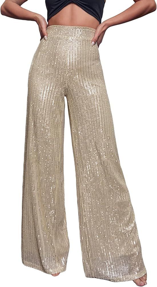 Floerns Women's Contrast Sequin High Waist Wide Leg Party Clubwear Long Pants | Amazon (US)