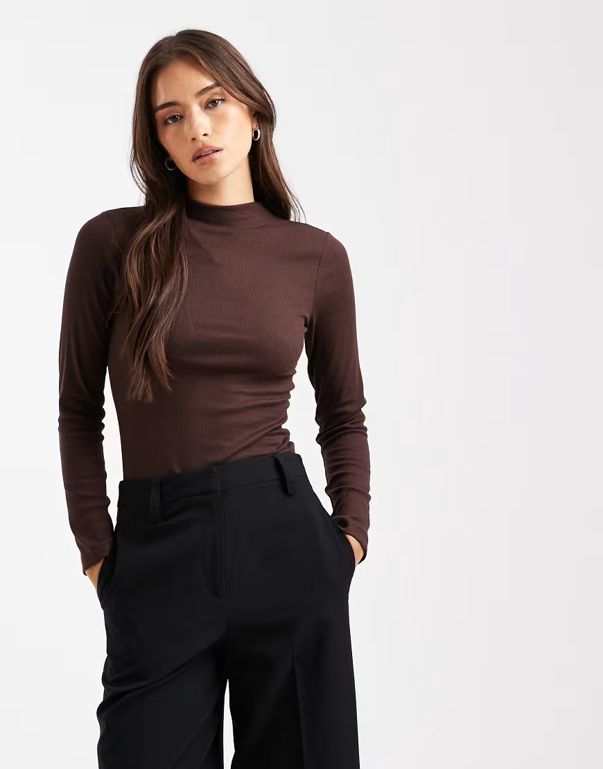 New Look ribbed stand neck long sleeve top in brown | ASOS (Global)