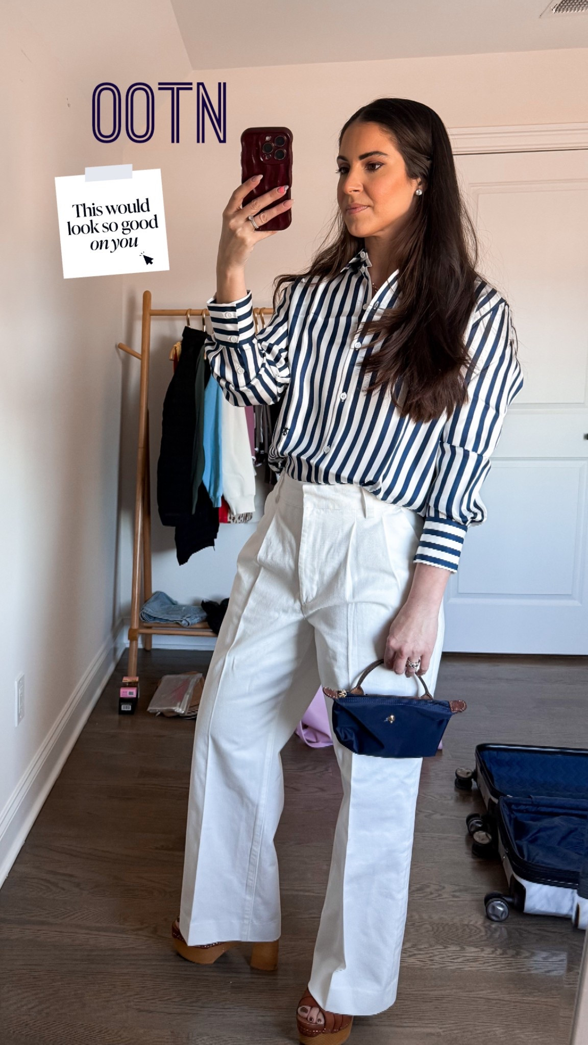 Florida in Feb.

OOTN

Blue & White Striped Silk Shirt: LilySilk
Tailored Pant: Favorite Daughter.  Wearing color: Geneva (sold out, but linking other colors).
Woven Clogs: Free People (Orion woven clogs)
Top Handle Navy Blue Bag: Longchamp (Le Pliage Original Pouch)
Chunky Gold Necklace: Amazon

#LTKShoeCrush #LTKItBag

#LTKStyleTip #LTKSeasonal #LTKOver40