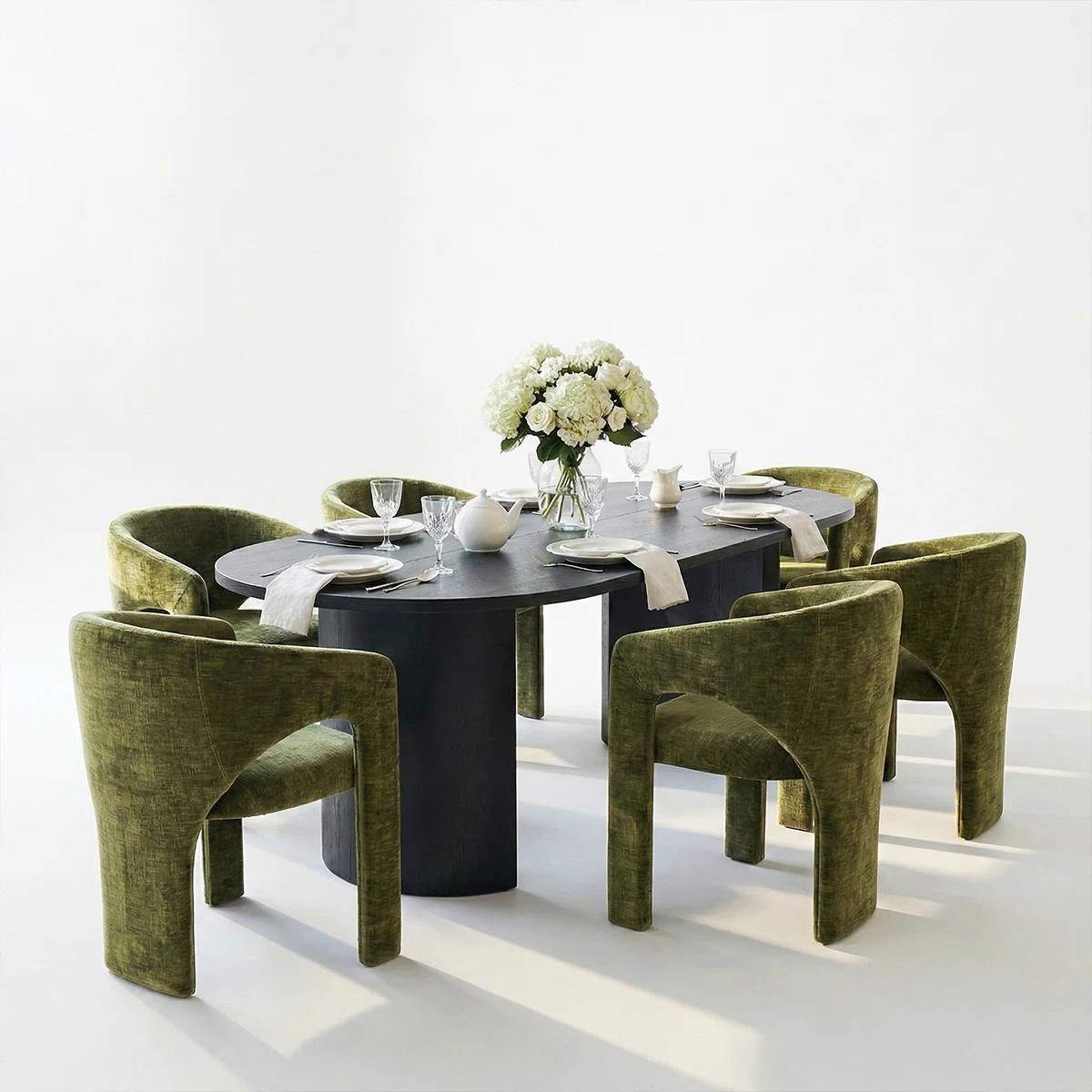 7 Piece Modern Dining Set With 79" Black Oval Pedestal Table & 6 Sculptural Wide-Seat Arm Chairs | Wayfair North America