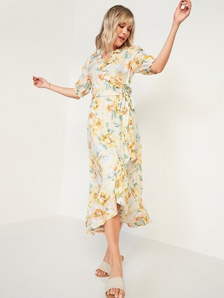 Waist-Defined Ruffled Tie-Belt Midi Wrap Dress for Women | Old Navy (US)