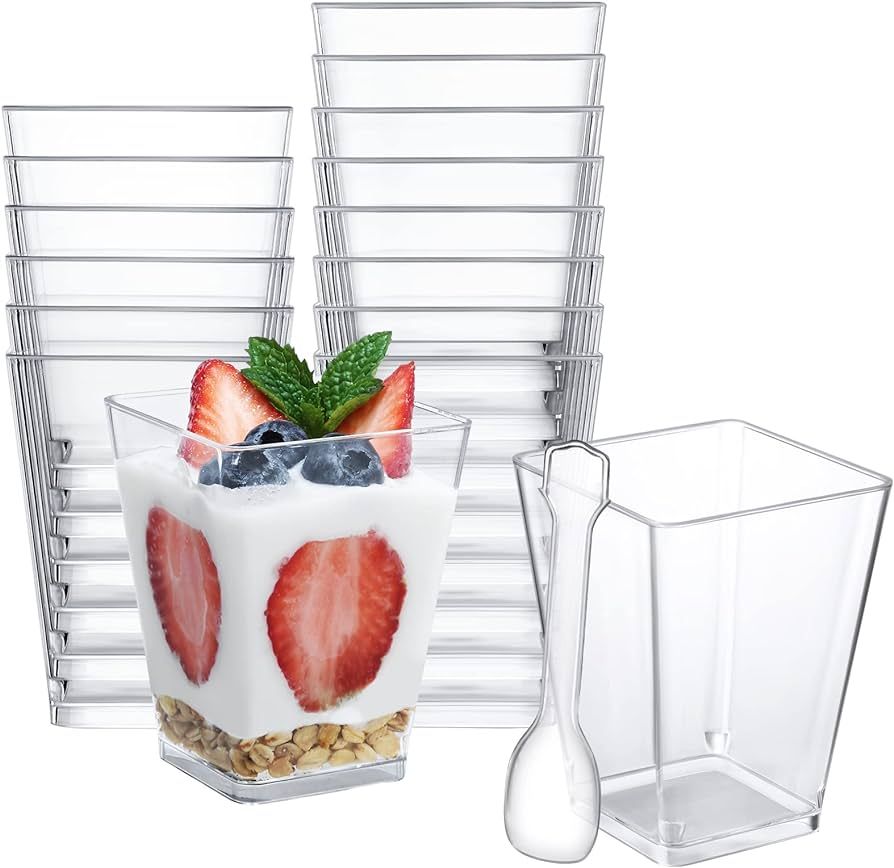 SHOPDAY 5oz Plastic Dessert Cups 50 Pack Small Clear Square Parfait Cups with Spoons, Mini Plasti... | Amazon (US)