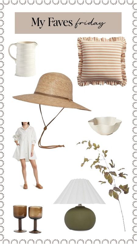 My favorite things this Friday! I am loving the French-inspired stoneware pitcher. I bought the rust ruffle pillow for Shilohs room. A garden hat for working in the yard, dark brown stemware and greenery for fall and the cutest little green mini lamp. 