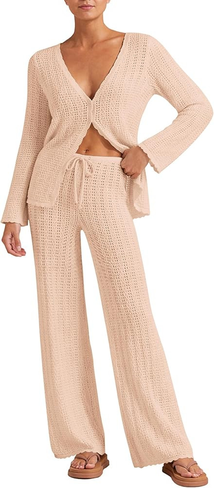 Womens Beach Cover Up Sets 2 Piece Crochet Long Sleeve Button Cardigan Top and Pants Vacation Res... | Amazon (US)